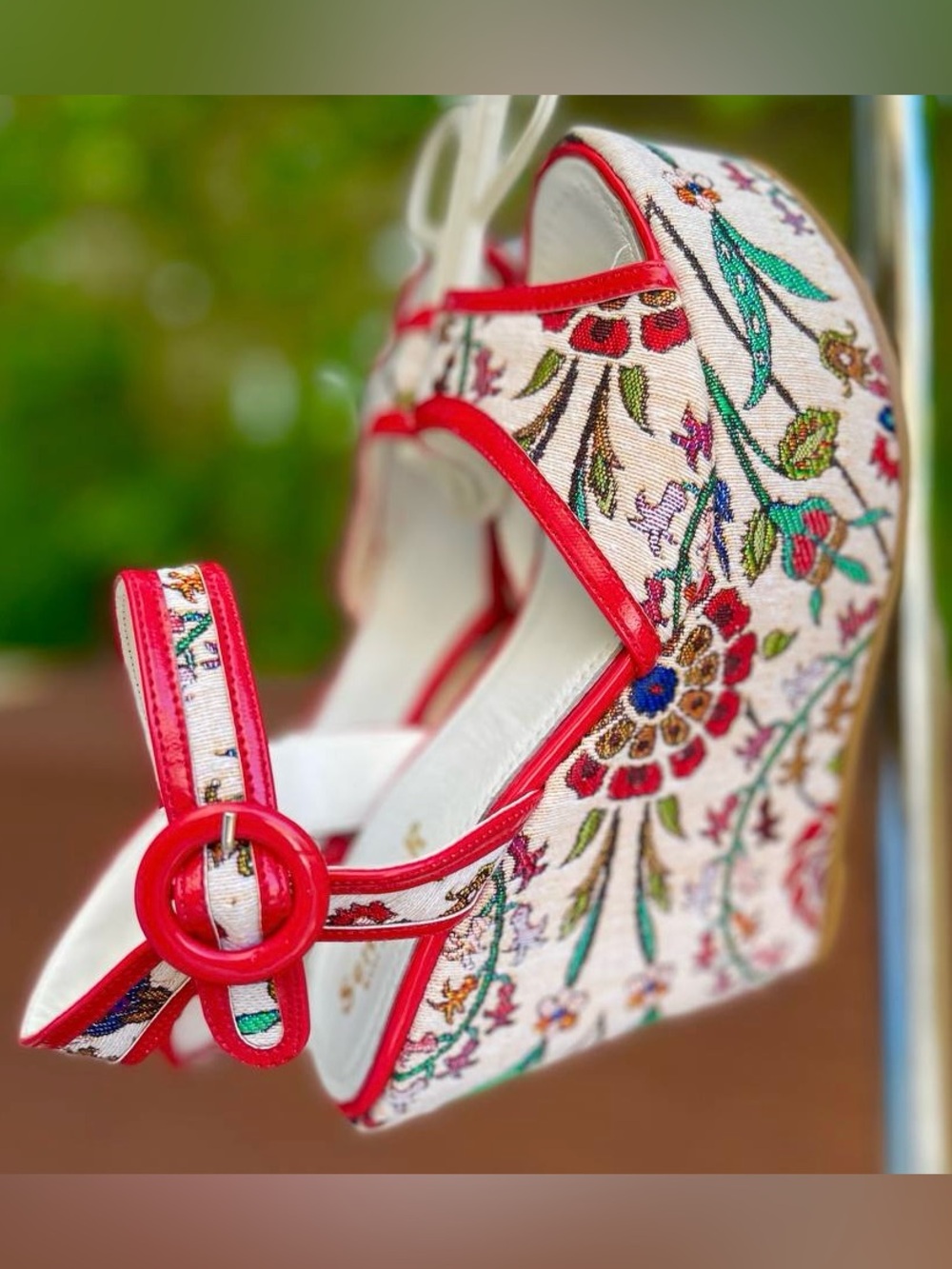 Floral Embroidered Red Trim Wedge Heels